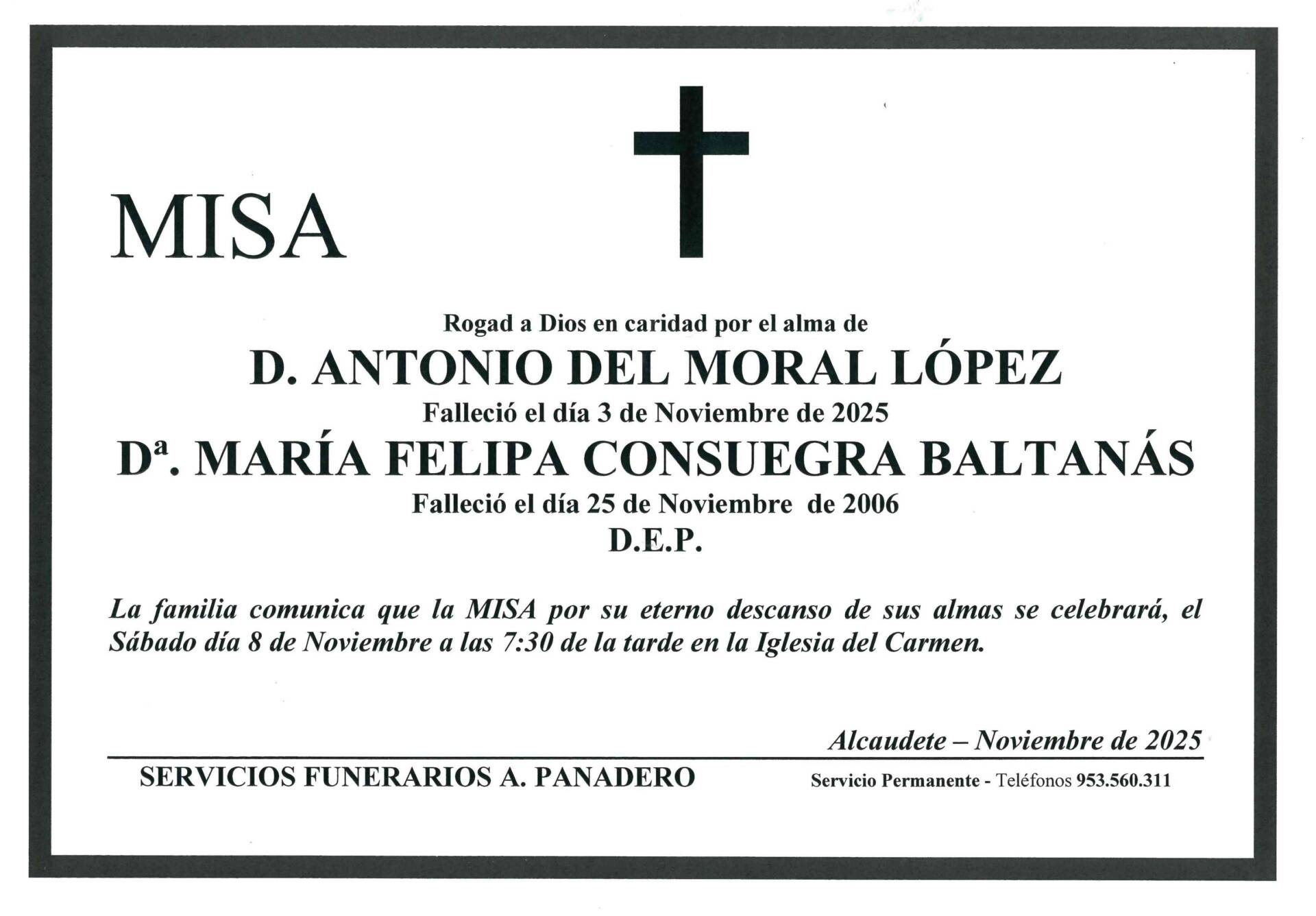 MISA DE D. ANTONIO DEL MORAL LÓPEZ Y Dª. MARIA FELIPA CONSUEGRA BALTANÁS