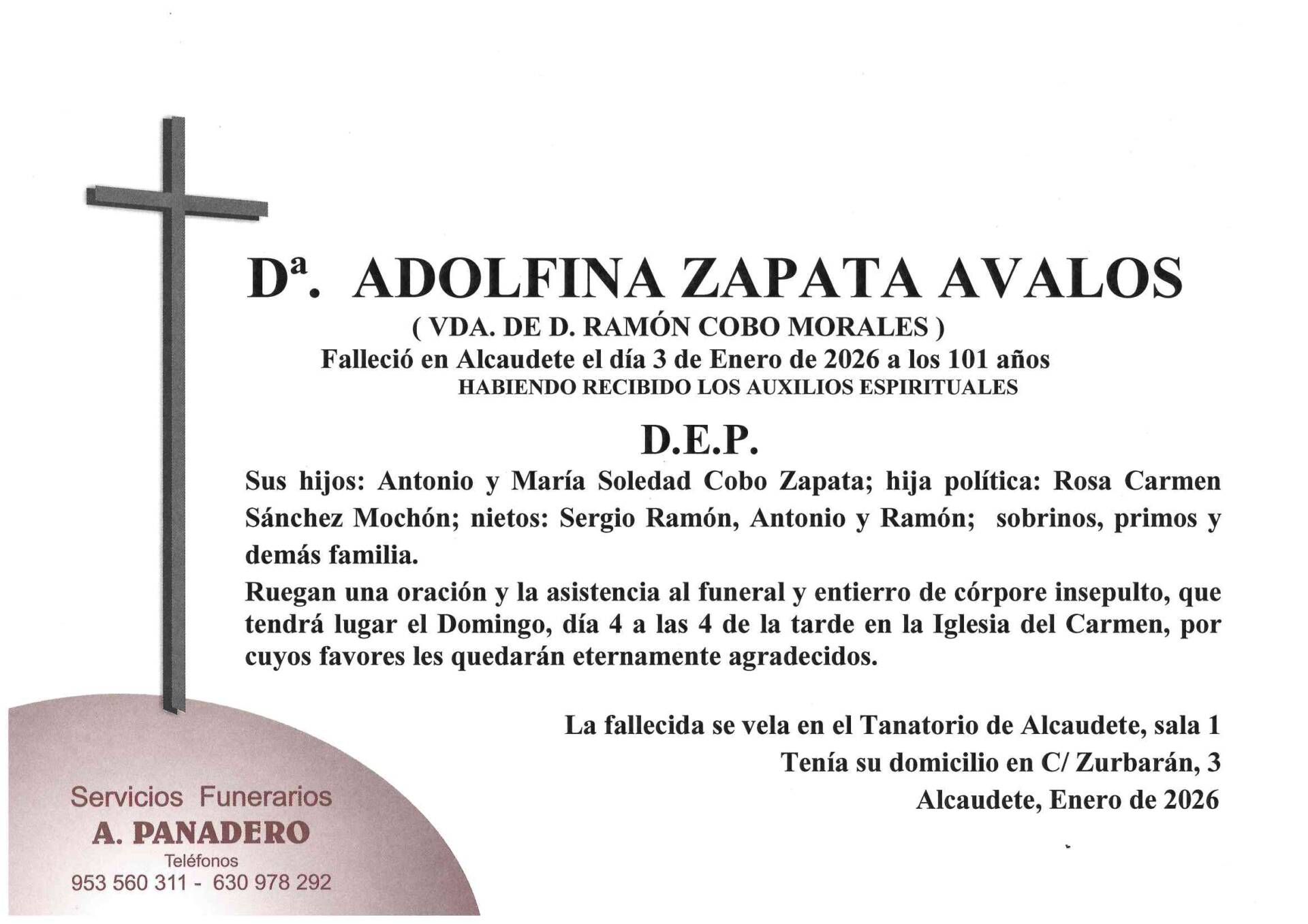 ENTIERRO DE Dª. ADOLFINA ZAPATA ÁVALOS