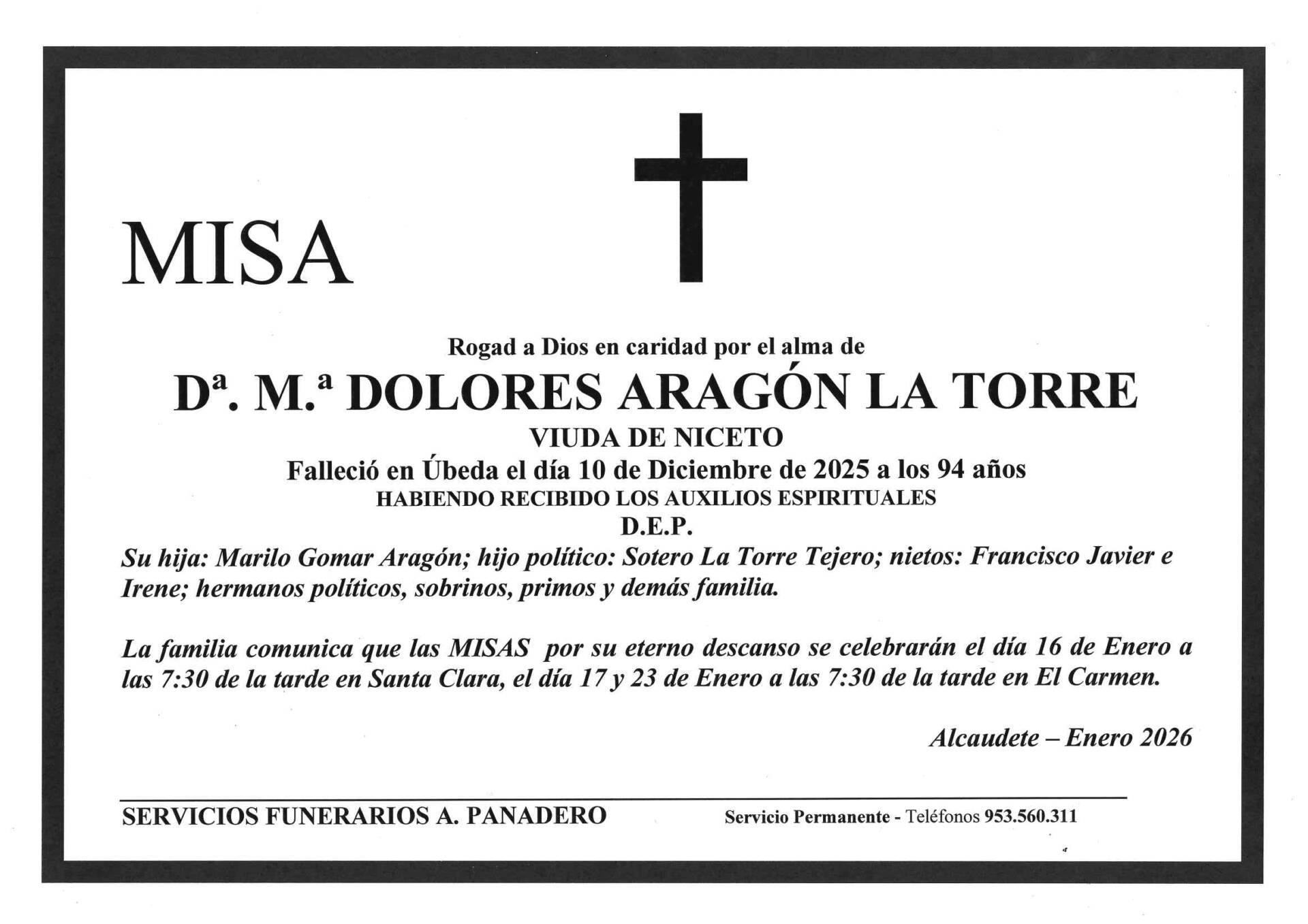 Misa de Dª María Dolores Aragón La Torre