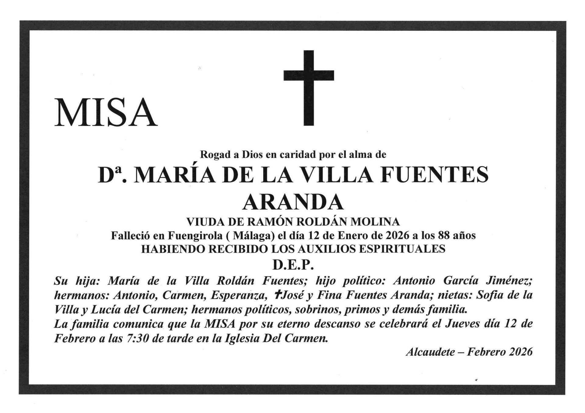 Misa de Dª María de la Villa Fuentes Aranda