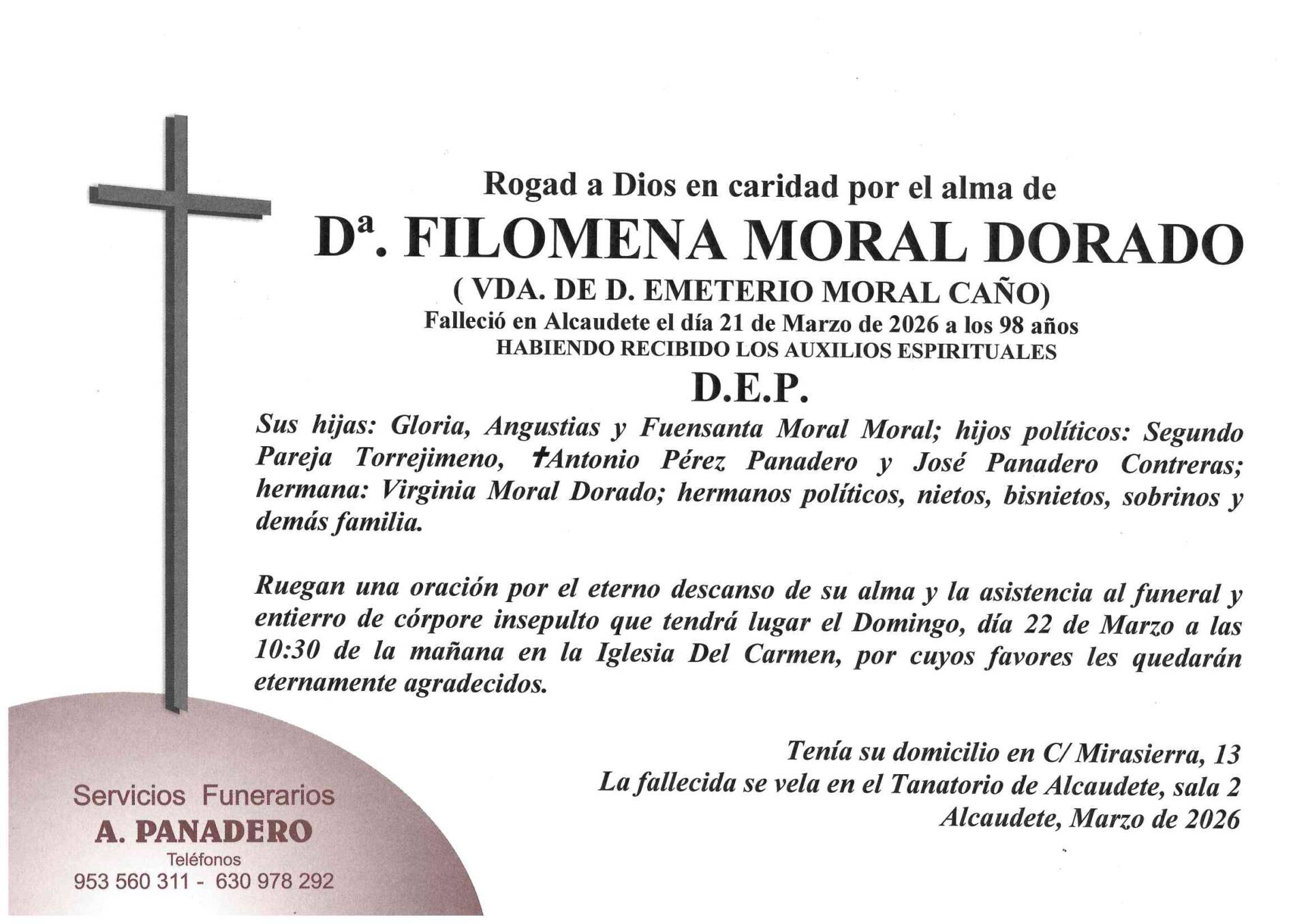 Entierro de Dª Filomena Moral Dorado