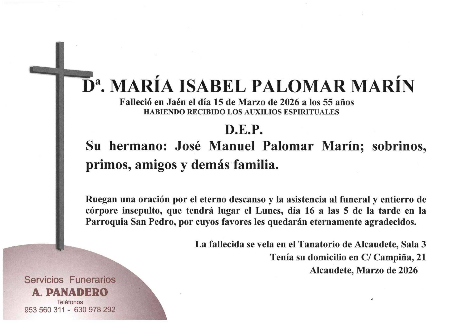 ENTIERRO DE Dª. MARÍA ISABEL PALOMAR MARÍN
