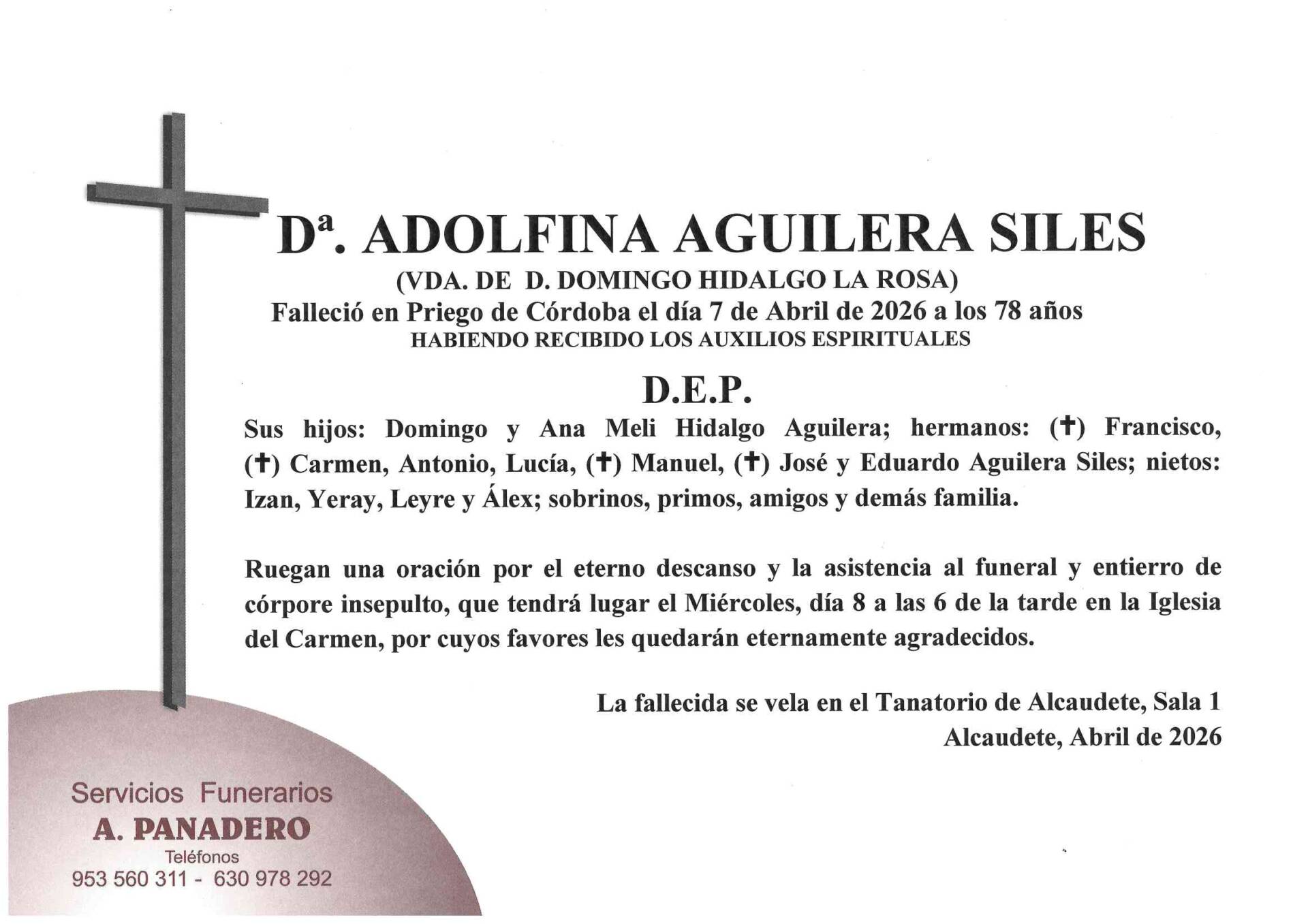 ENTIERRO DE Dª. ADOLFINA AGUILERA SILES
