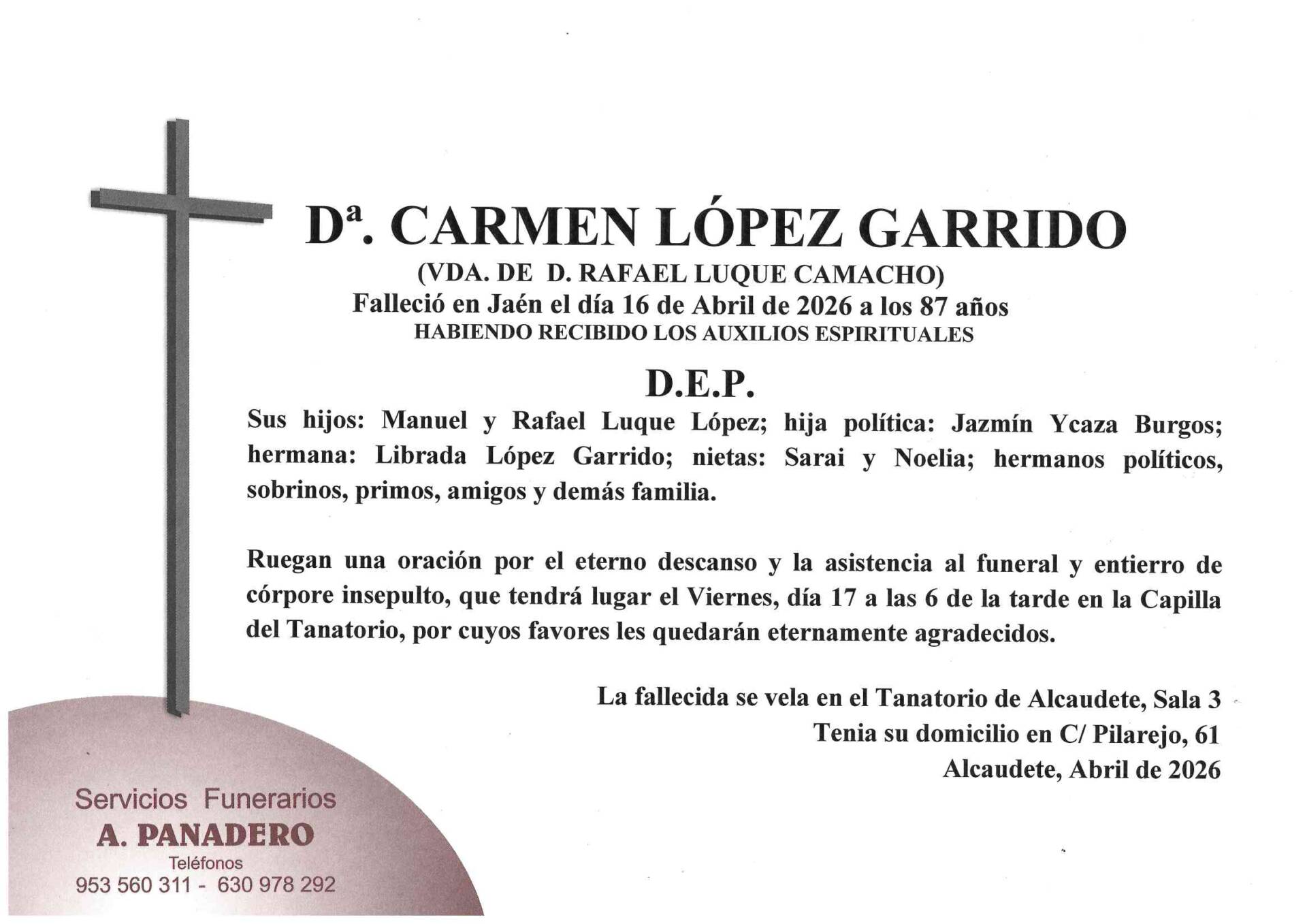 ENTIERRO DE Dª. CARMEN LÓPEZ GARRIDO