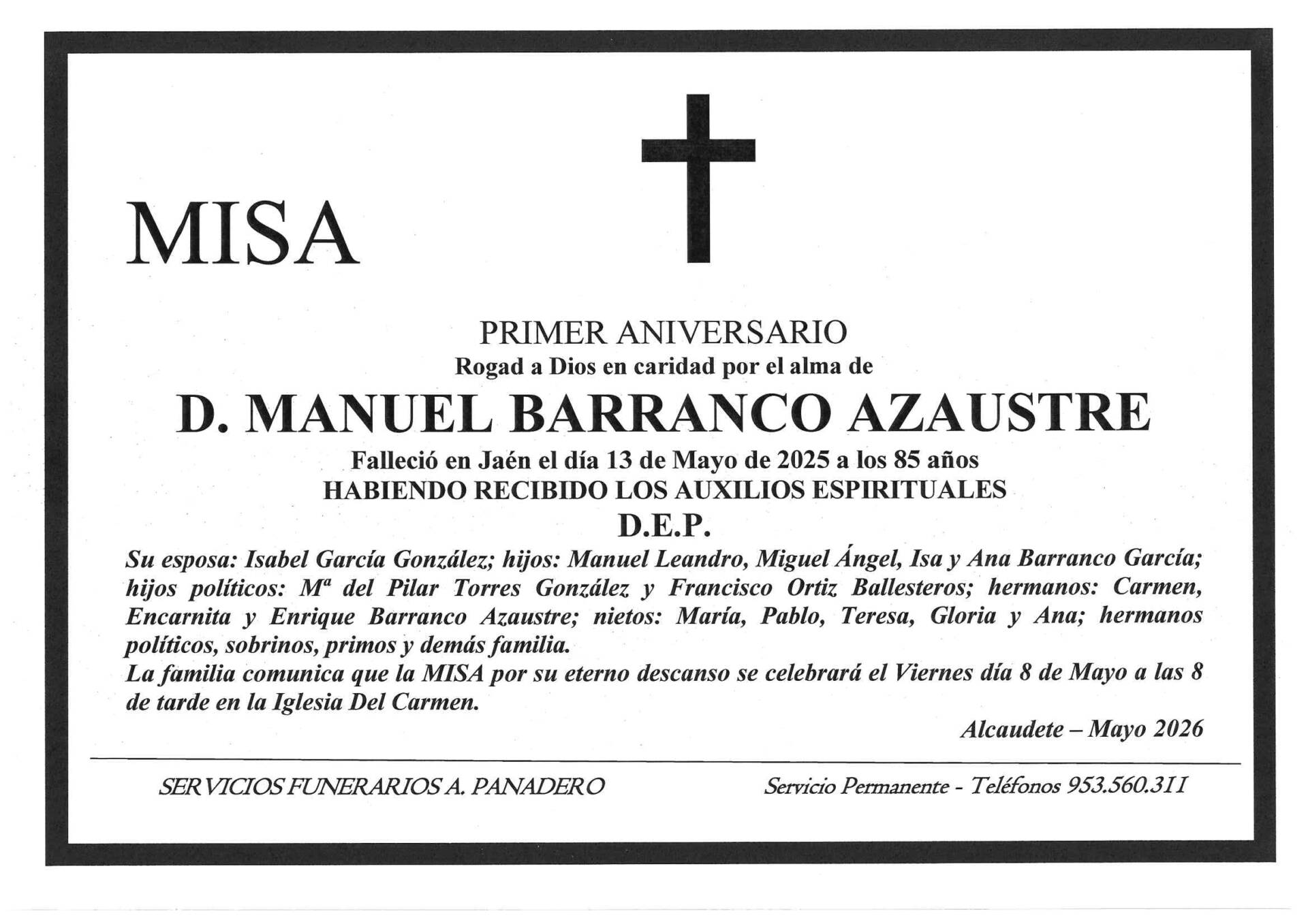 Misa Primer Aniversario de D. Manuel Barranco Azaustre