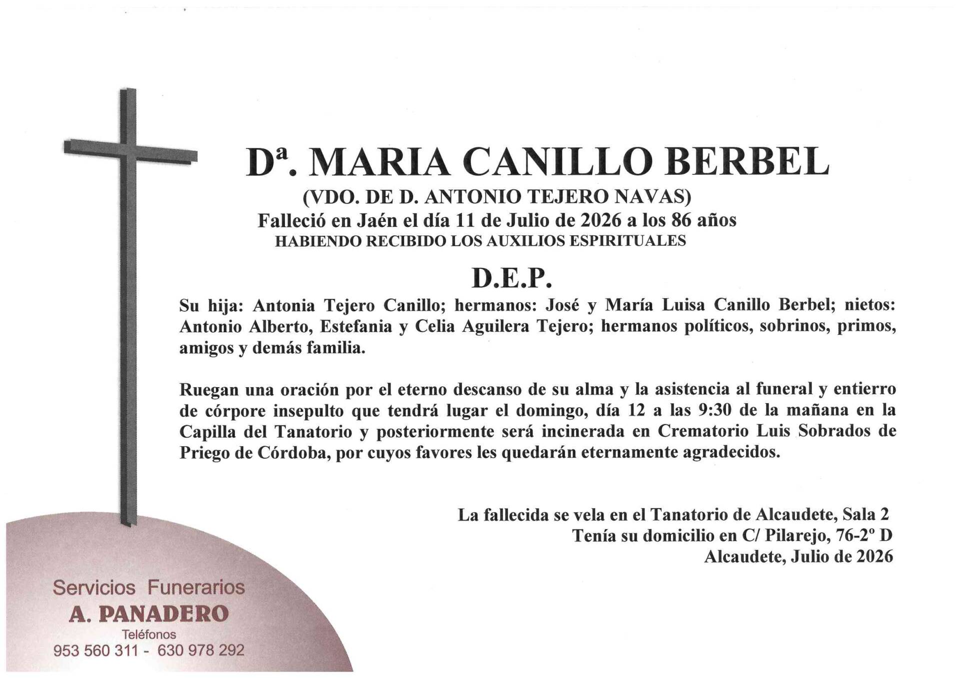 ENTIERRO DE Dª. MARÍA CANILLO BERBEL