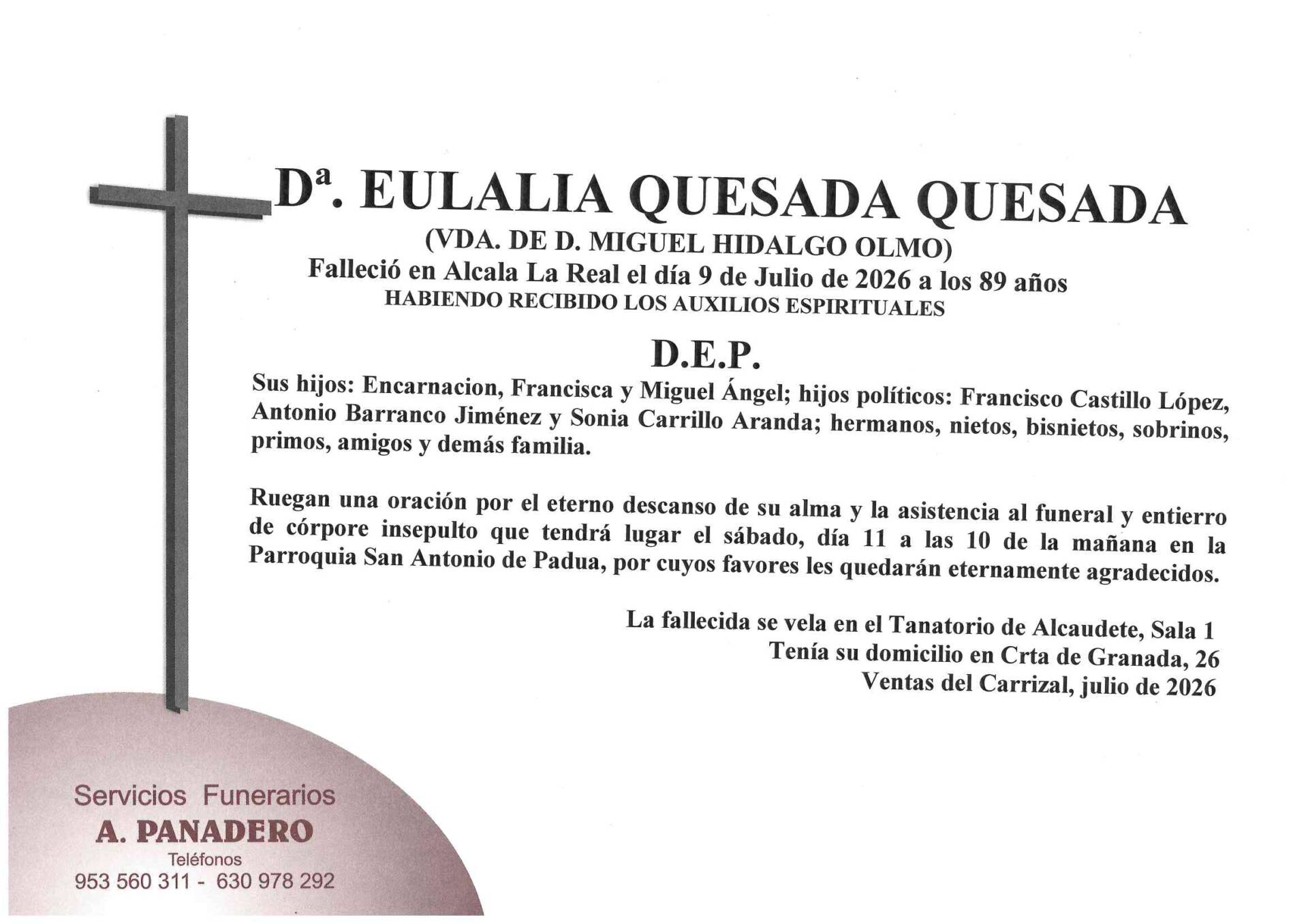 ENTIERRO DE Dª. EULALIA QUESADA QUESADA