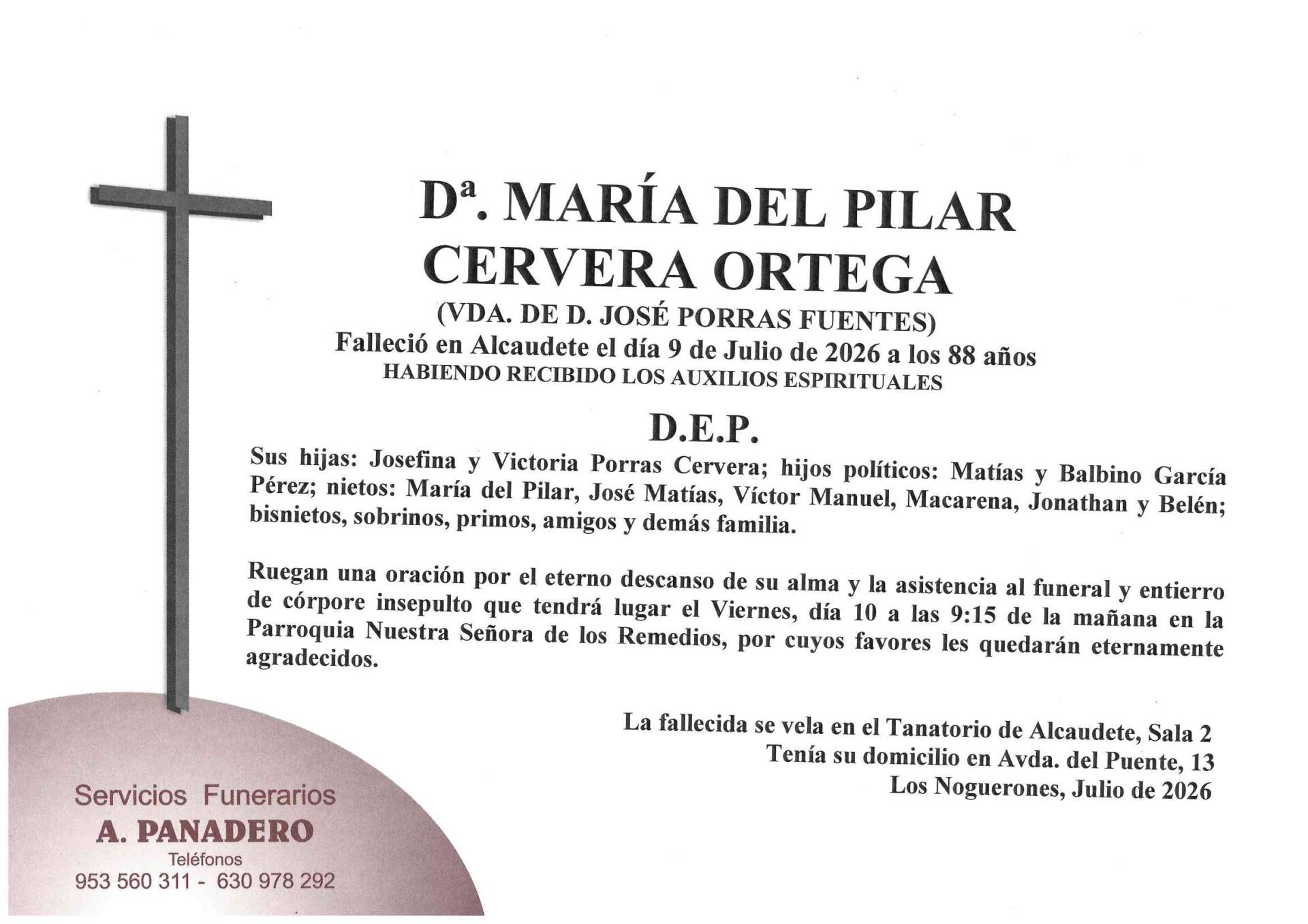 ENTIERRO DE Dª. MARÍA DEL PILAR CERVERA ORTEGA