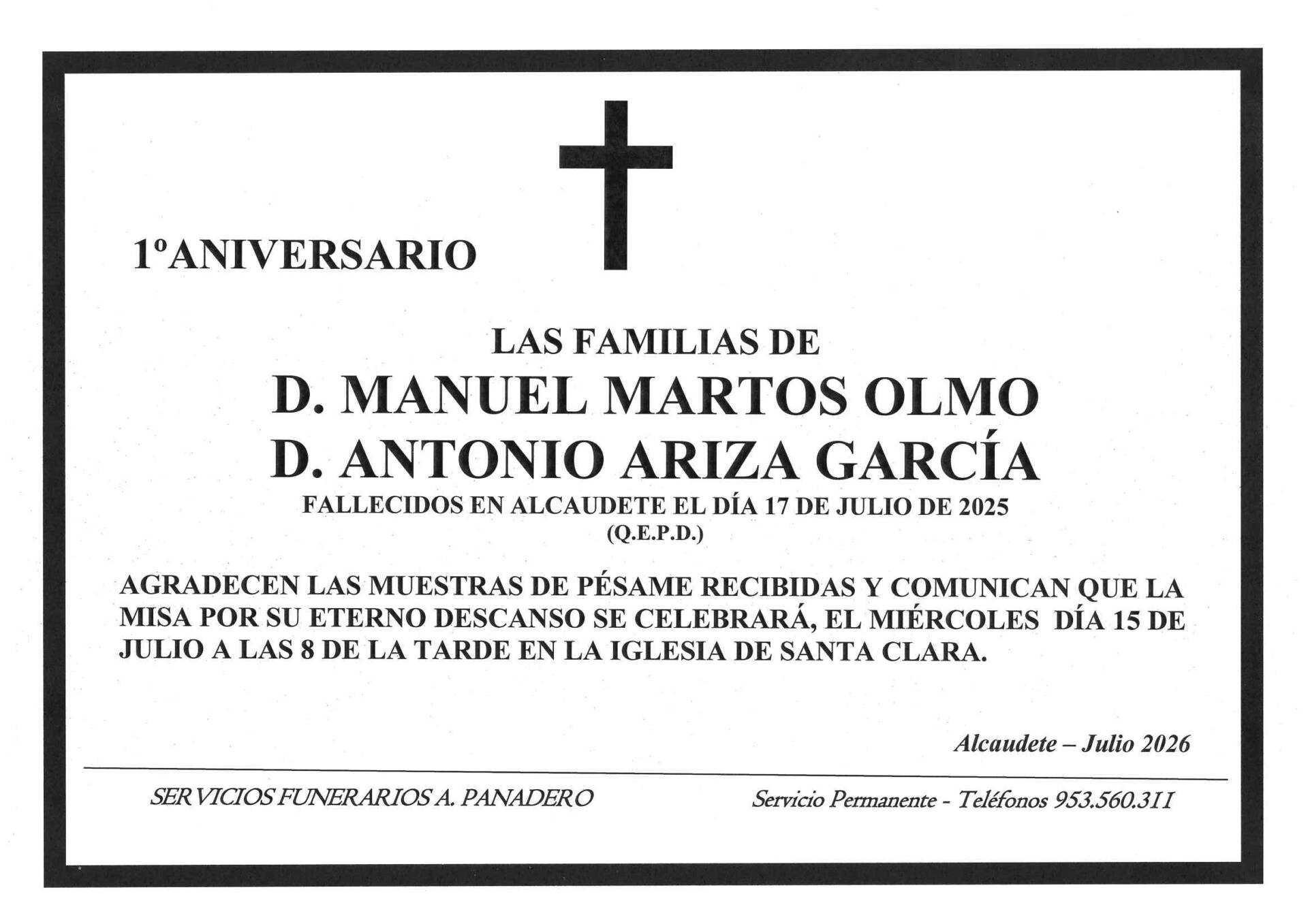 MISA DE D. MANUEL MARTOS OLMO Y D. ANTONIO ARIZA GARCÍA