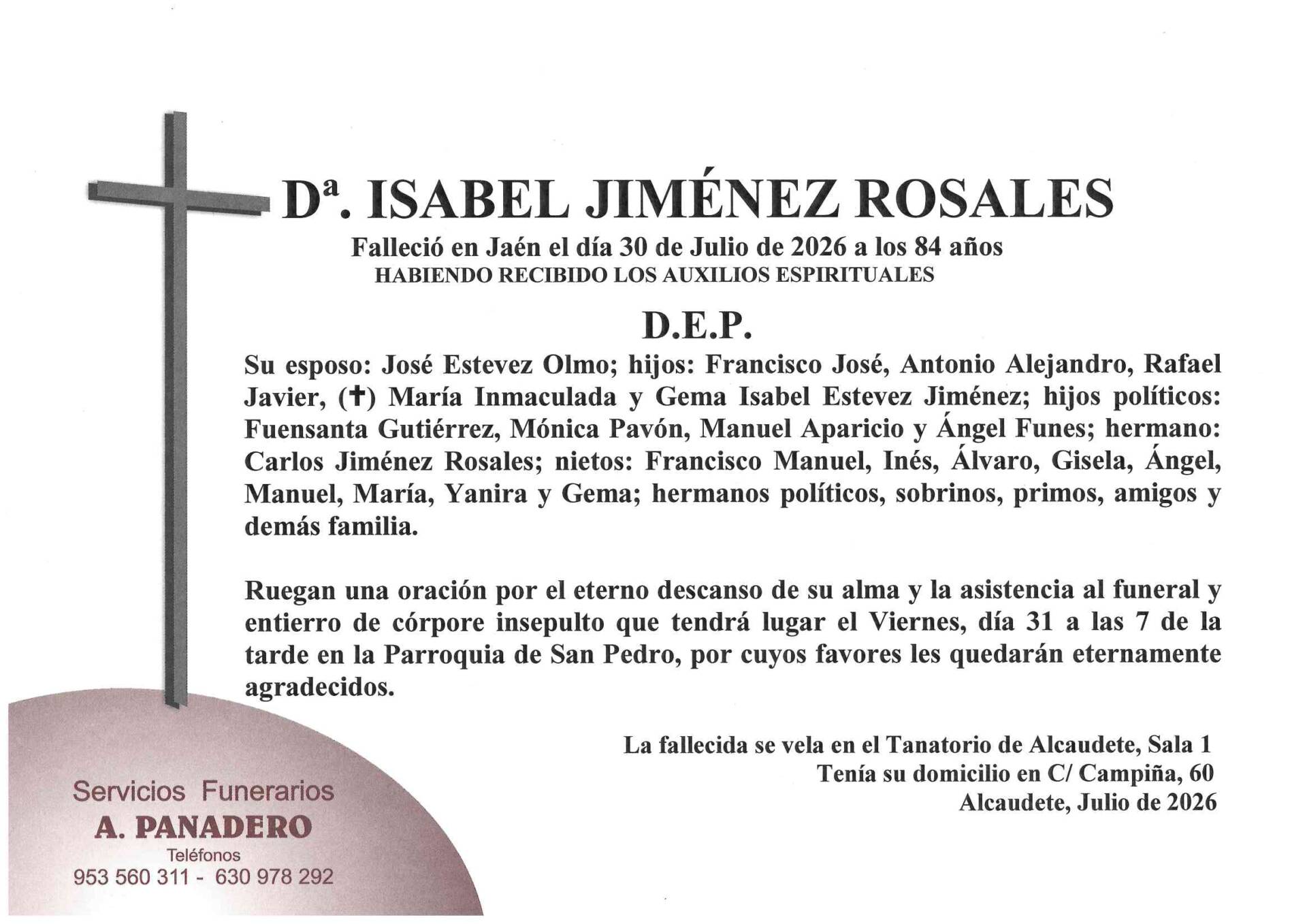 ENTIERRO DE Dª. ISABEL JIMÉNEZ ROSALES