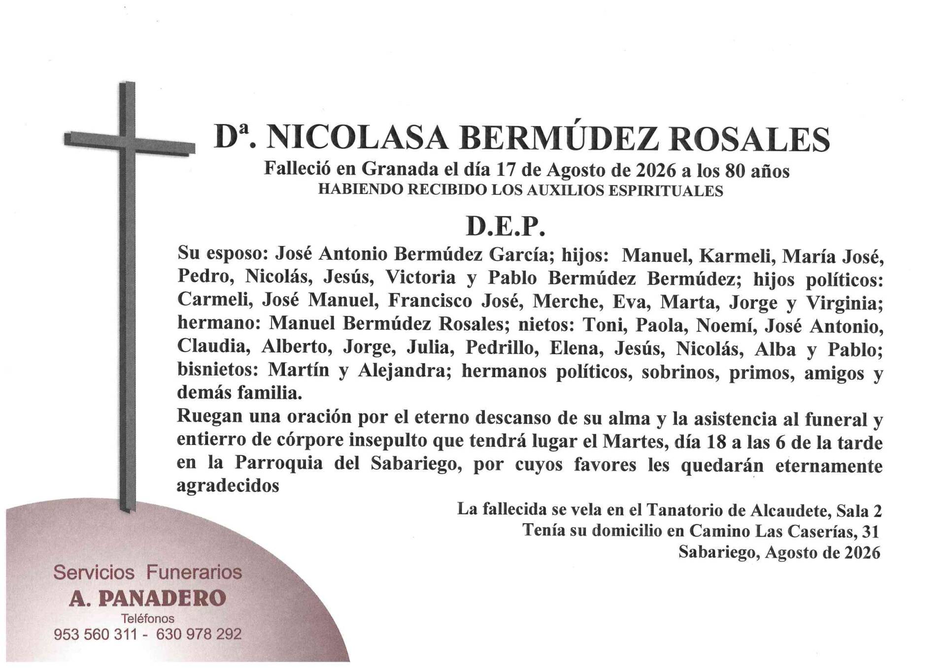 ENTIERRO DE Dª. NICOLASA BERMÚDEZ ROSALES